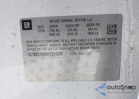 2017 Chevrolet Cruze Lt Auto z USA, uszkodzony, nr VIN 1G1BE5SM4H7204285